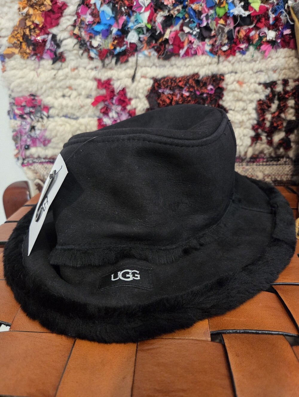 UGG Black Faux-Fur Sheepskin Bucket Hat